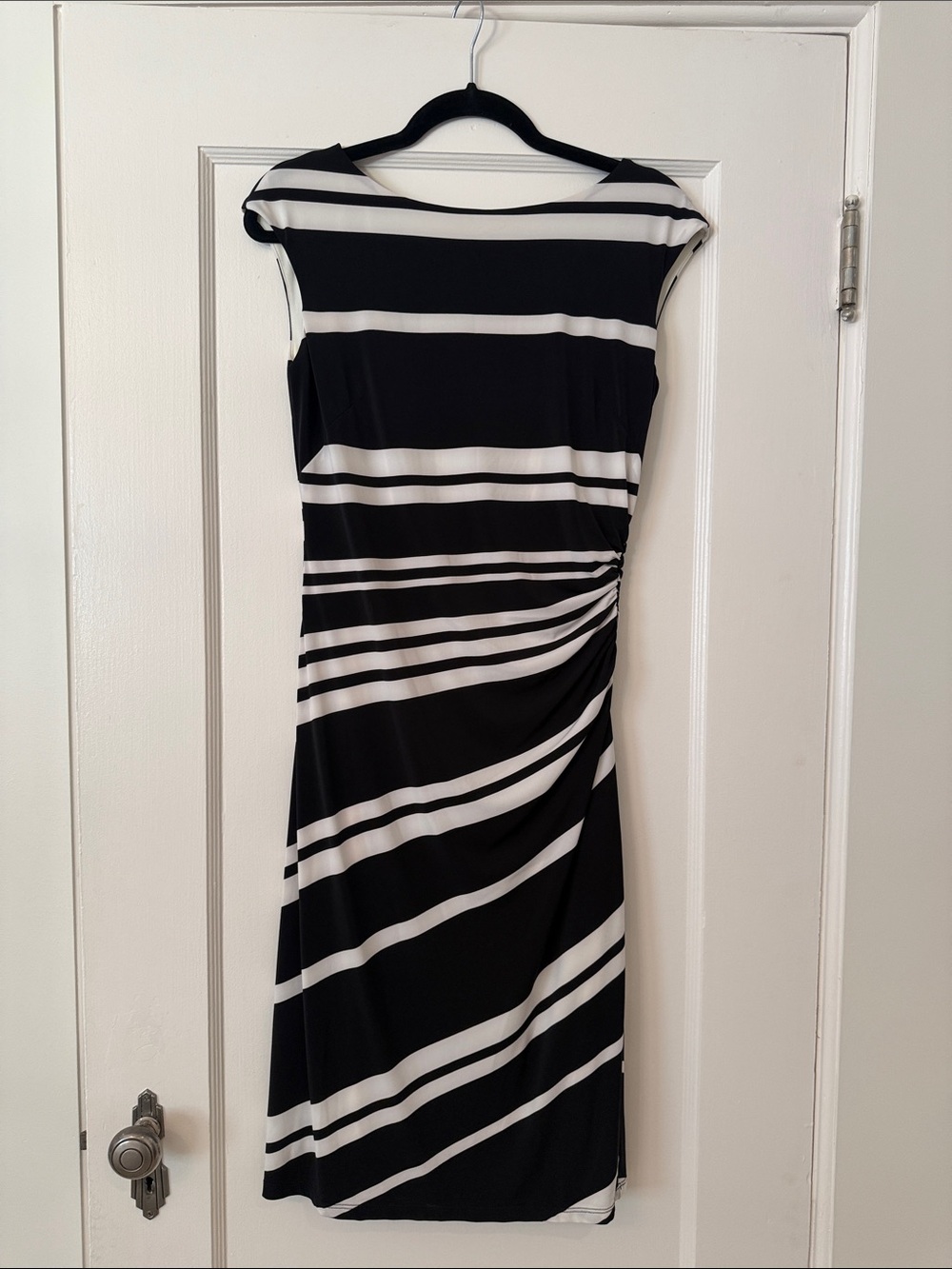 Ralph Lauren Black and White Stripe Ruched Midi Dress